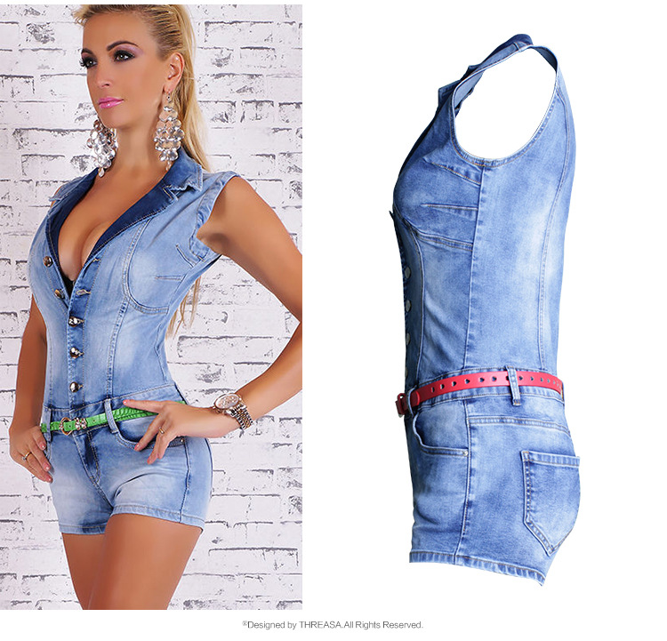 SZ60207 Womens Juniors Sexy Stretch Denim Sleeveless Short Jumpsuit with Belt